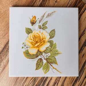 1960’s Vintage TerraCotta TileCraft Trivet, Single Yellow Rose and Rose Bud-6”
